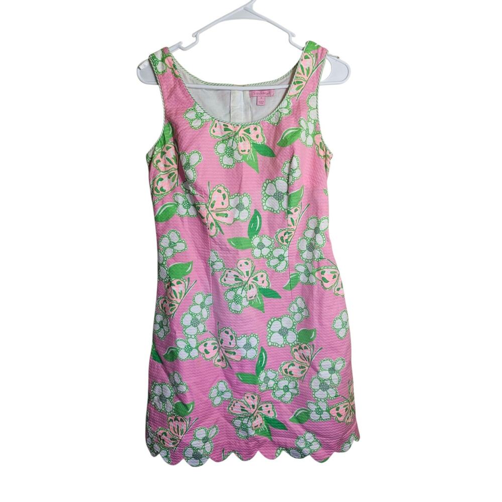 Lilly Pulitzer Nina Tootie Scalloped Hem Dress Pink Green Butterfly Print Size 4